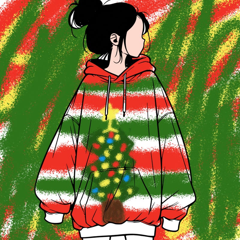 realistic girl with a oversized sweatshirt on and a bun