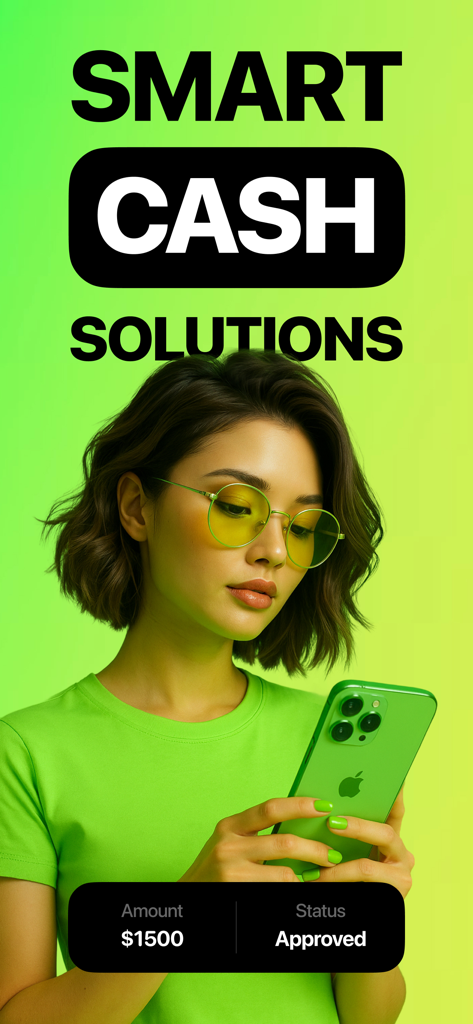 Cash Advance Finder – Paloma - A woman looking at her phone with Smart Cash Solutions text and a 1500 dollar approved status bar