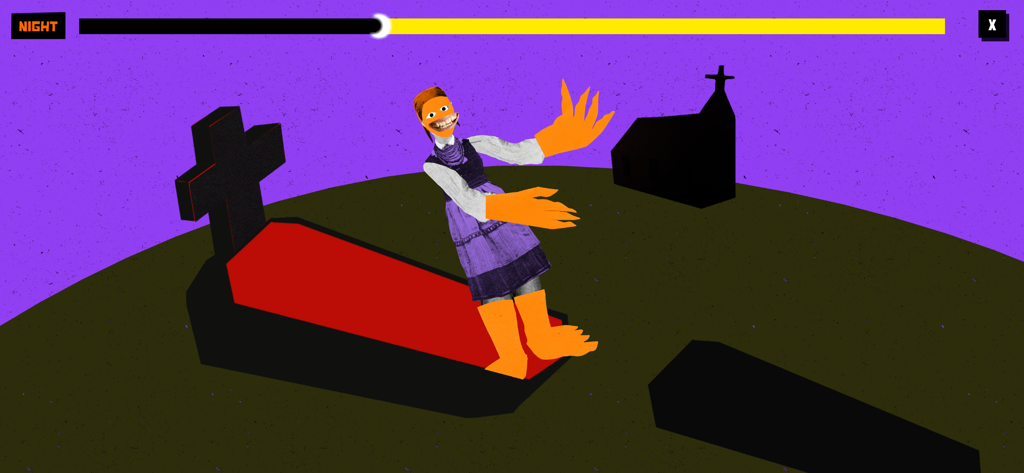 Real Vampires - A surreal character with a wide grin rising from an open grave in a graveyard at night.