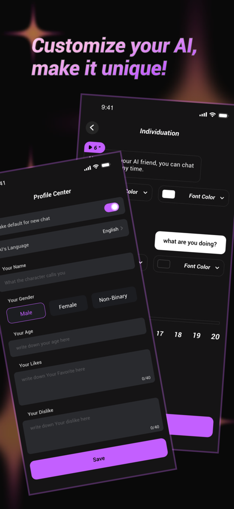 Cupid AI: Virtual Companion - Cupid AI app screenshot showing profile customization options like name gender age likes and dislikes