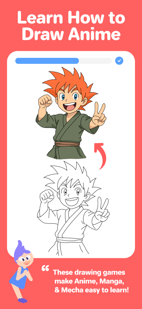 Drawing Desk:Learn to Draw App - A guided step-by-step anime drawing lesson showing a character outline and a finished colored version.