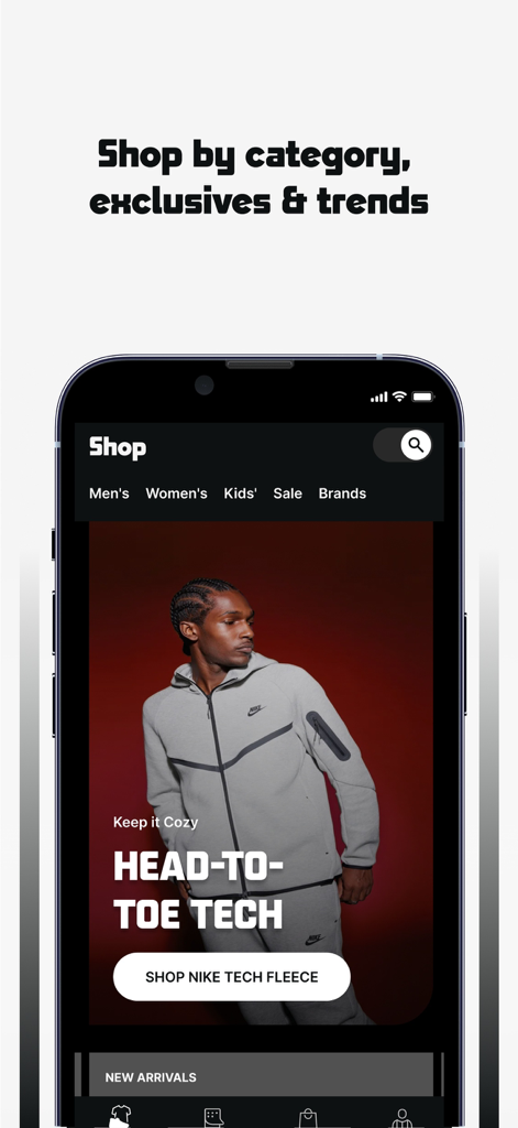 Foot Locker App-Oberfläche, die Shop-Kategorien und ein Feature der Nike Tech Fleece Kollektion anzeigt.
