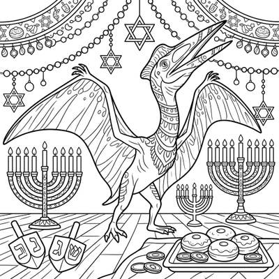 Unleash your creativity with this extraordinary Hatzegopteryx Hanukkah coloring page! Discover a prehistoric pterosaur amidst traditional holiday symbols, perfect for a unique celebration.