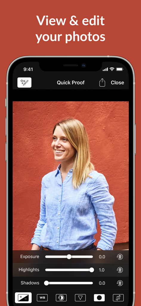 Cascable Studio: Tether & More - Photo editing interface of Cascable Studio showing exposure and highlight sliders on an iPhone.