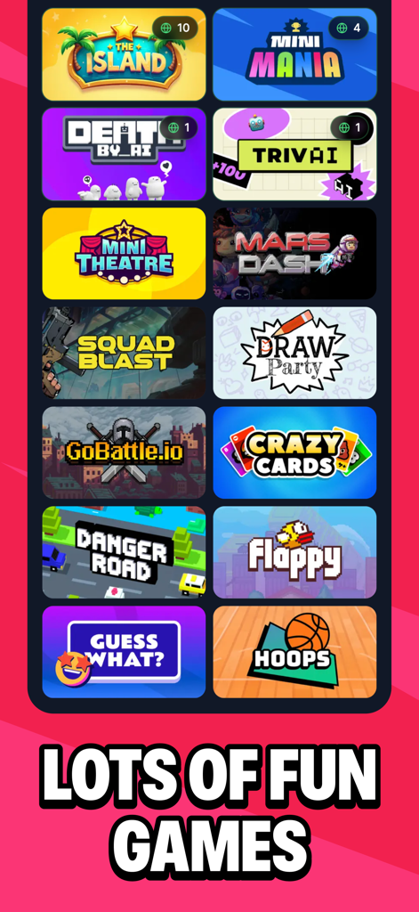 A grid display of various mini-game tiles available in the Bunch MiniParty app including Draw Party and Hoops