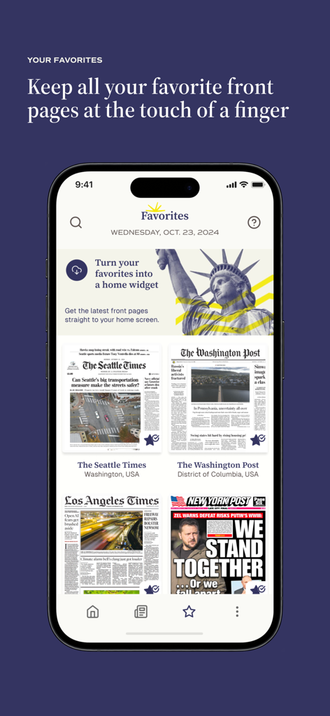 Today's Front Pages - The Favorites screen of the Todays Front Pages app displaying newspaper headlines from The Seattle Times and The Washington Post