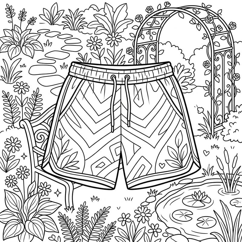 Step into a world of calm with this charming athletic shorts coloring page, designed especially for seniors. Immerse yourself in a beautiful garden setting, offering both relaxation and creative enjoyment.