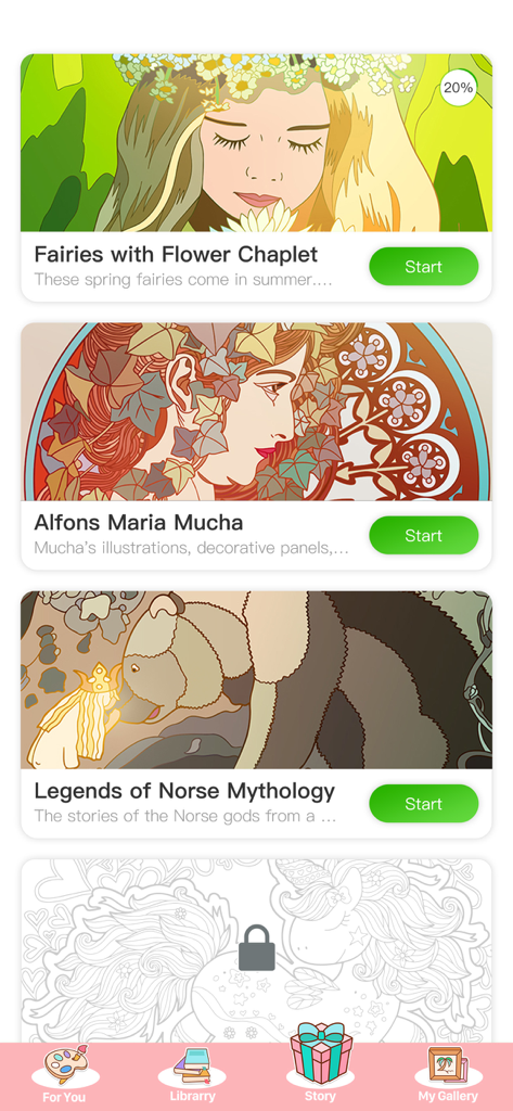 The For You feed in Color Master app displaying various artistic coloring page categories