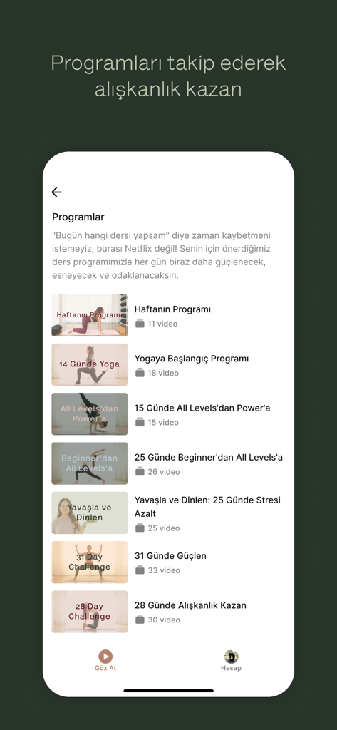 A smartphone screen displaying a list of curated yoga and meditation programs in the Flov Studio app.