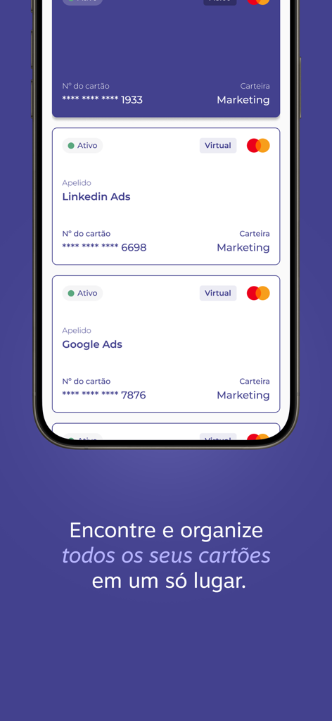 Portão 3 - Expenses - A mobile screen from the Portão 3 app displaying a list of active virtual corporate cards for marketing expenses like Google Ads and LinkedIn Ads.