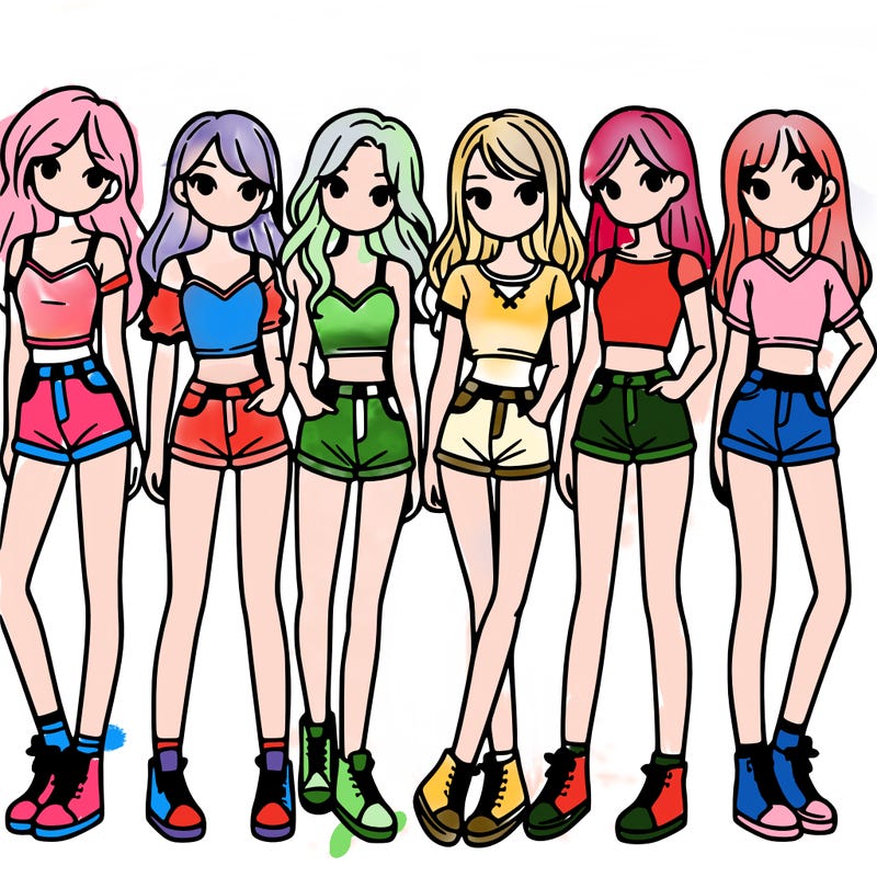 a group of girls wearing crop tops and shorts