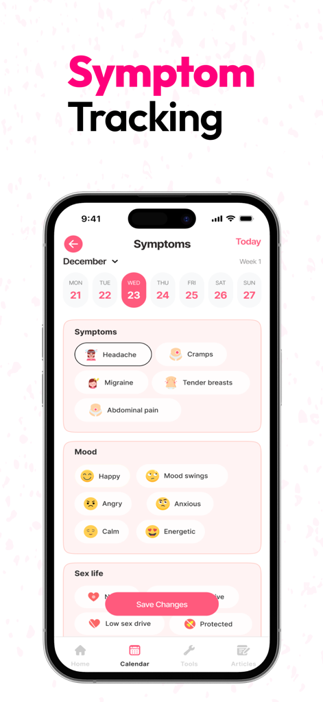 Period & Ovulation Tracker App - Symptom and mood tracking screen in the Period and Ovulation Tracker app showing options for logging cramps and mood swings.