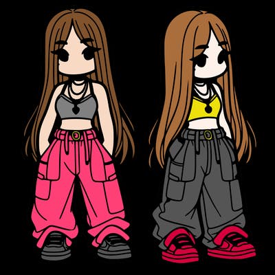 girl in baggy pants crop top and long hair