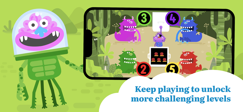 A counting game screenshot from the Math Teach Monster Numbers app featuring colorful monsters and numbers