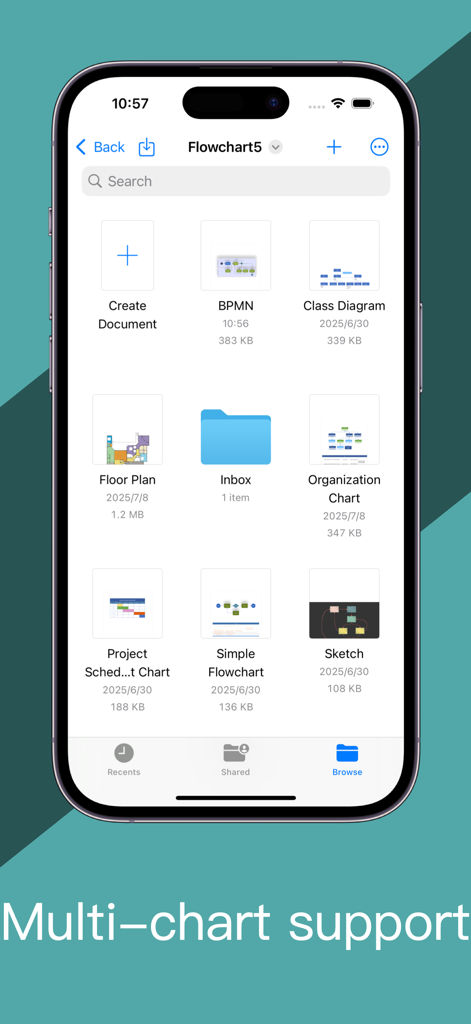 Flowchart Designer 5 - Interfaz de Flowchart Designer 5 en iPhone que muestra una biblioteca de diferentes diagramas, incluidos planos de planta y flujogramas
