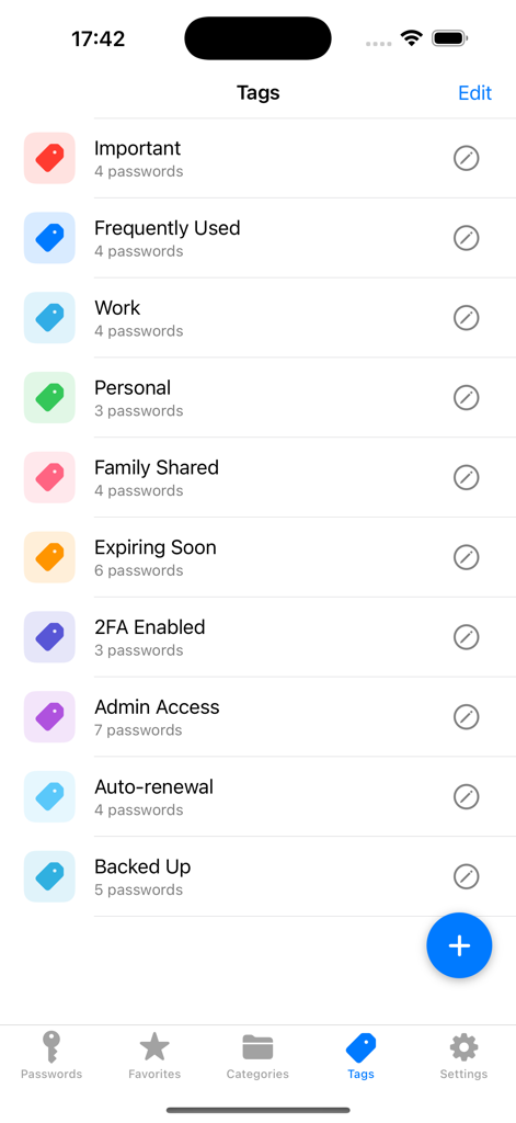 Password Manager Secure Vault - Interfaz de la aplicación Administrador de Contraseñas Bóveda Segura que muestra una lista de etiquetas personalizadas como Trabajo y Personal para organizar credenciales.