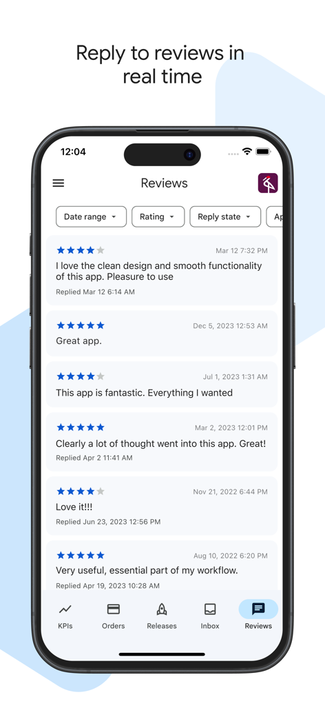 Google Play Console - Interface of the Google Play Console app on iOS showing the review management screen with user feedback and star ratings