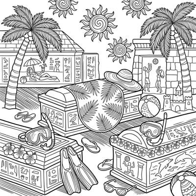 Get ready for an unexpected summer adventure with this unique coloring page featuring ancient burial chambers enjoying a beach vacation. Discover playful sarcophagi adorned with beach essentials and hieroglyphs illustrating sunny activities.