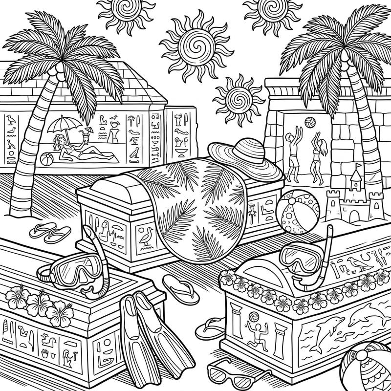 Get ready for an unexpected summer adventure with this unique coloring page featuring ancient burial chambers enjoying a beach vacation. Discover playful sarcophagi adorned with beach essentials and hieroglyphs illustrating sunny activities.