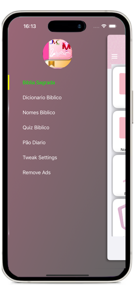 Biblia da Mulher - Side navigation menu of the Biblia da Mulher app displaying sections like Holy Bible Bible Dictionary and Quiz
