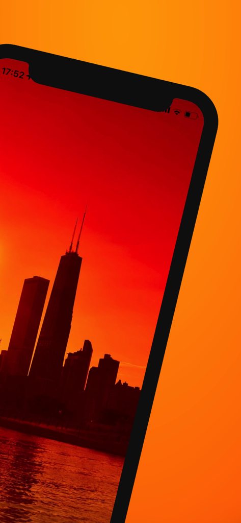 Chicago Travel Guide . - Chicago skyline silhouette at sunset on a mobile travel guide app