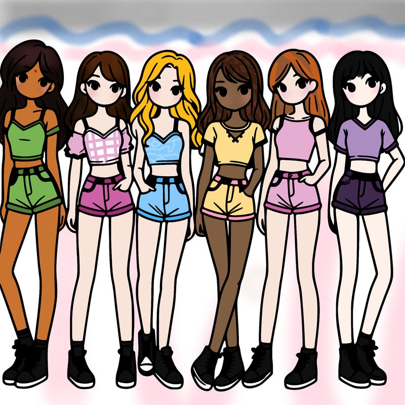a group of girls wearing crop tops and shorts