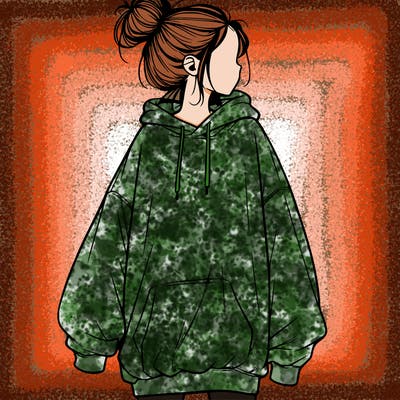 realistic girl with a oversized sweatshirt on and a bun