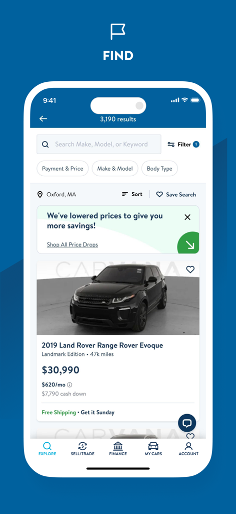 Carvana: Buy/Sell Used Cars - Carvana app search results screen showing used cars for sale with pricing and financing options