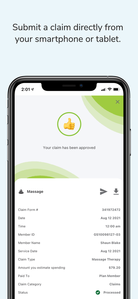 Mobile screen displaying a successfully processed health insurance claim for massage therapy