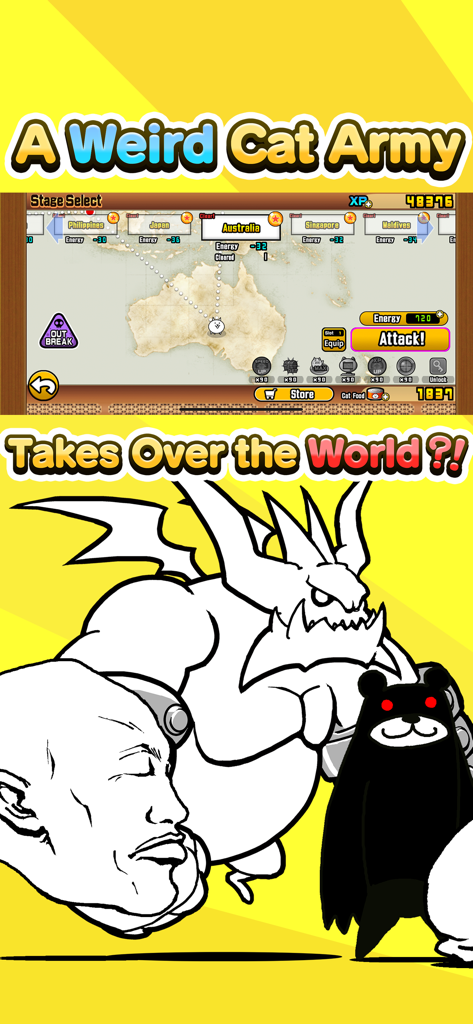 The Battle Cats - Die Spieloberfläche von The Battle Cats zeigt eine Weltkarte mit ausgewählten Leveln für Australien und bizarren Charakterdesigns.