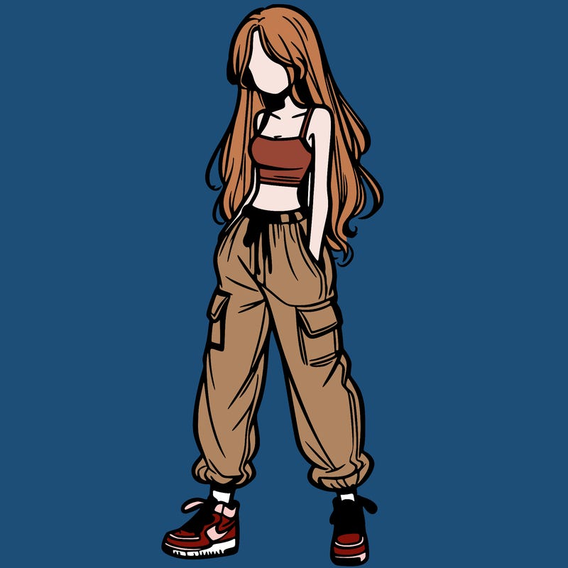 girl in baggy pants crop top and long hair