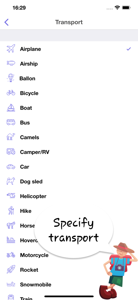 Uma lista de opções de transporte no aplicativo EveryPlace, incluindo avião, bicicleta, carro e foguete com um balão de fala para especificar o transporte