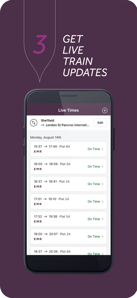EMR - East Midlands Railway - EMR app screen displaying live train departure times and status from Sheffield to London