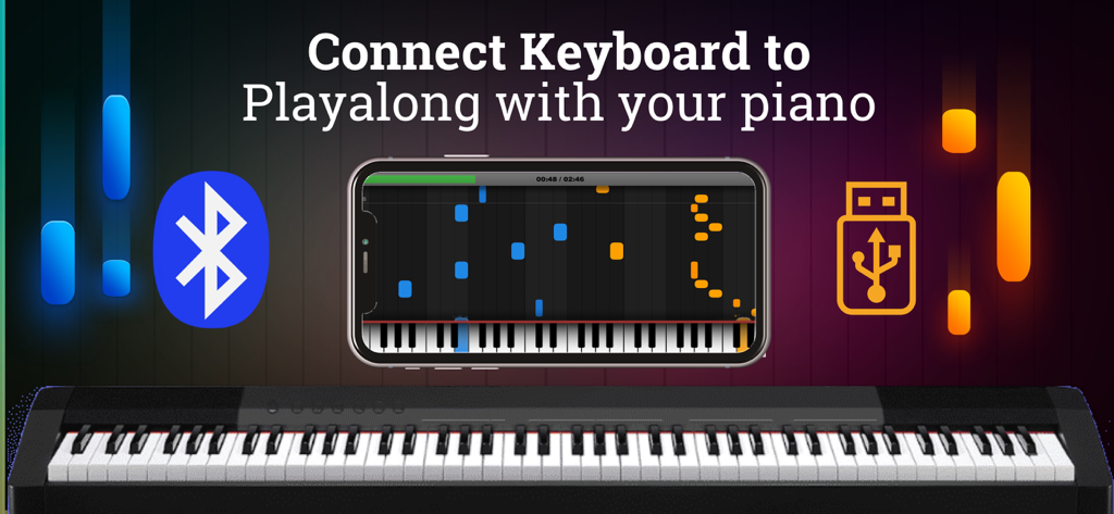 Piano - Play any song & sheets - Smartphone showing a piano learning app interface on a digital keyboard with Bluetooth and USB connection options