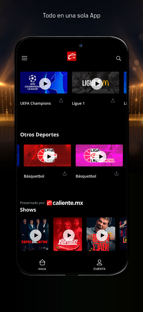 Caliente TV - Home screen of the Caliente TV app showing sports content like UEFA Champions League and Ligue 1.