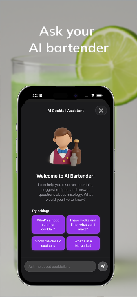 Mixly: Cocktail Recipes - Smartphone screen showing the Mixly AI Bartender interface with cocktail recipe suggestions and chat options
