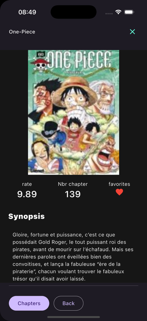 Manga No Rakuen - Interfaz de la aplicación Manga No Rakuen mostrando la sinopsis y calificación del manga One Piece.