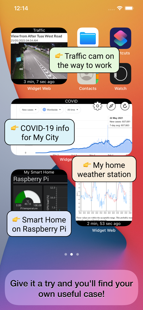 Widget Web 26 - iPhoneホーム画面に、交通カメラ、COVID-19データ、スマートホーム統計、天気予報などのカスタムウェブウィジェットが表示されています。