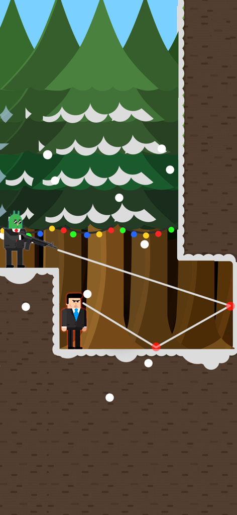 Mr Bullet - Shooting Game - 미스터 불릿 게임플레이 스크린샷. 캐릭터가 튕기는 샷을 사용하여 적을 맞추는 것을 보여줍니다