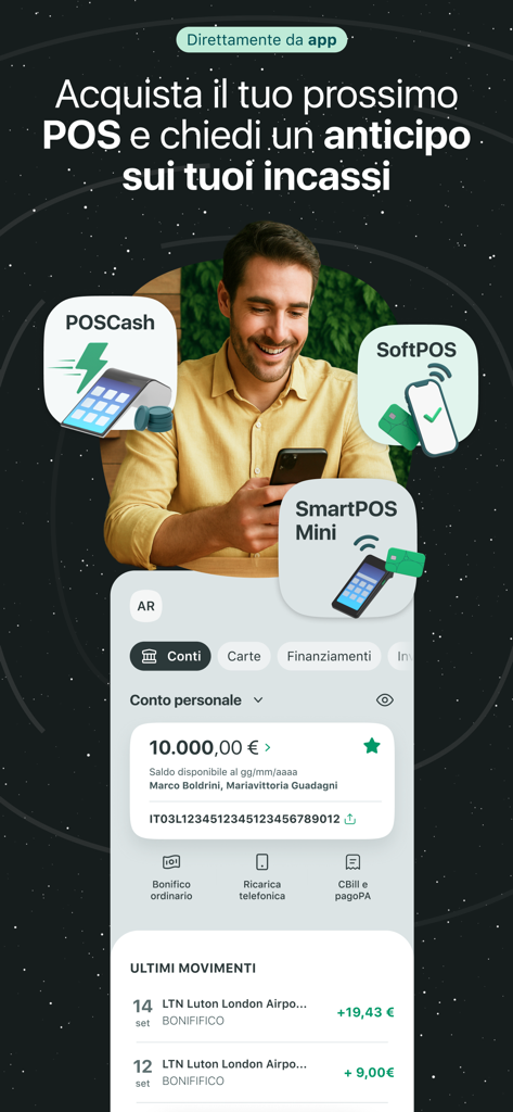 BPER Banca app interface showing business POS services and personal account balance overview.
