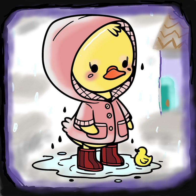 baby duck in a rain coat and boots, in a puddle while it’s raining