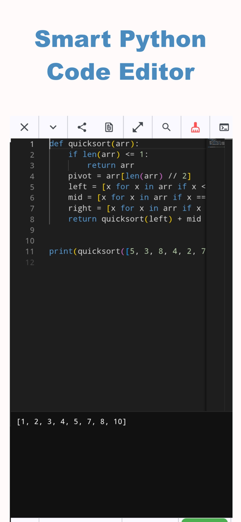 PyStudio - Learn & Run Python - Smart Python code editor interface showing code and output