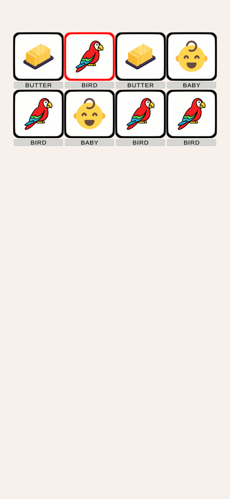 Word On Beat! - A grid of icons in the Word On Beat game featuring a bird, butter, and baby for a rhythm challenge.