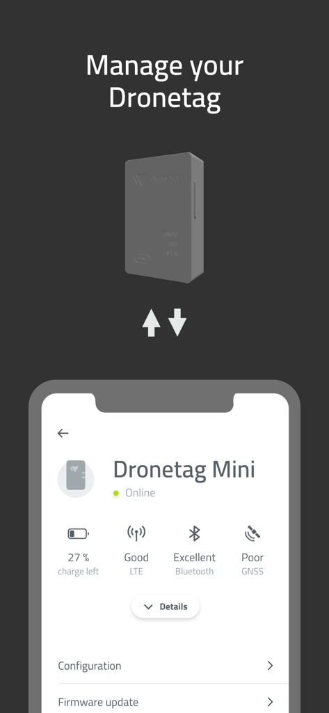 Dronetag - Dronetag app interface displaying the connection status, battery level, and signal strength for a Dronetag Mini device.