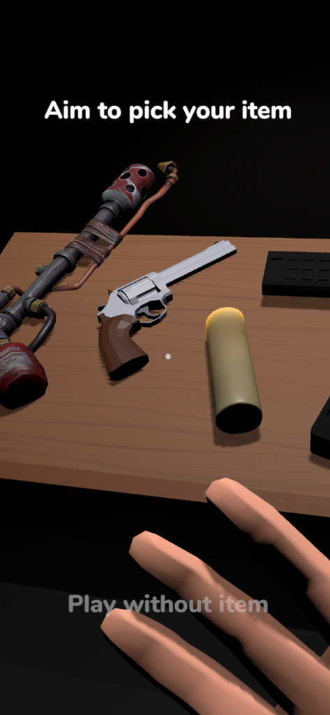 Night Watchman! - A first-person view of a player choosing a weapon from a wooden table in the Night Watchman mobile game.