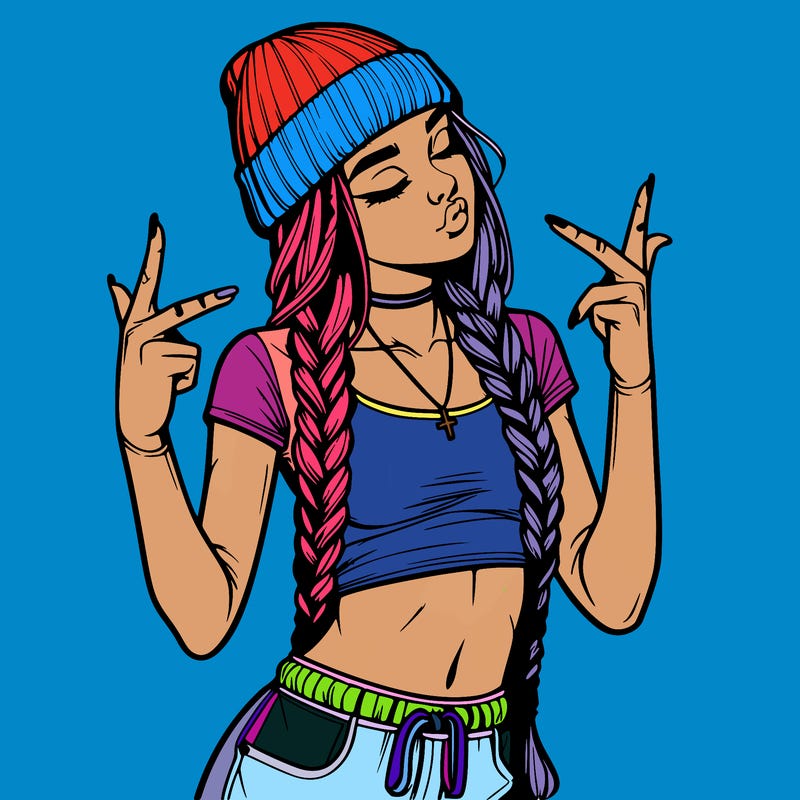 realistic teenage girl with braids and a beanie and crop top doing 🫶🏼