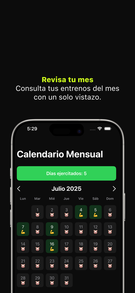 Vamos al Gym - Monthly workout calendar in the Vamos al Gym app showing tracked exercise days with muscle icons and missed days with pig icons.