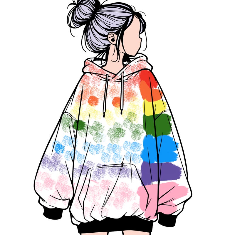 realistic girl with a oversized sweatshirt on and a bun