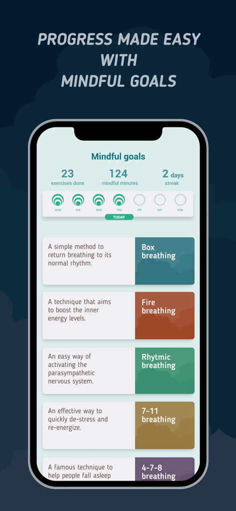 Breah - breathing exercises - Interfaz de la aplicación Breah que muestra el progreso de los objetivos de mindfulness y una lista de ejercicios de respiración como la respiración cuadrada y de fuego