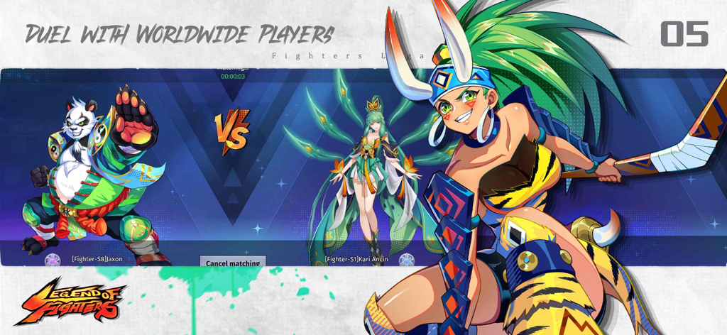 애니메이션 무술 캐릭터가 등장하는 전 세계 플레이어와 대결이라는 제목의 파이터스 레거시 모바일 게임 매치메이킹 화면
